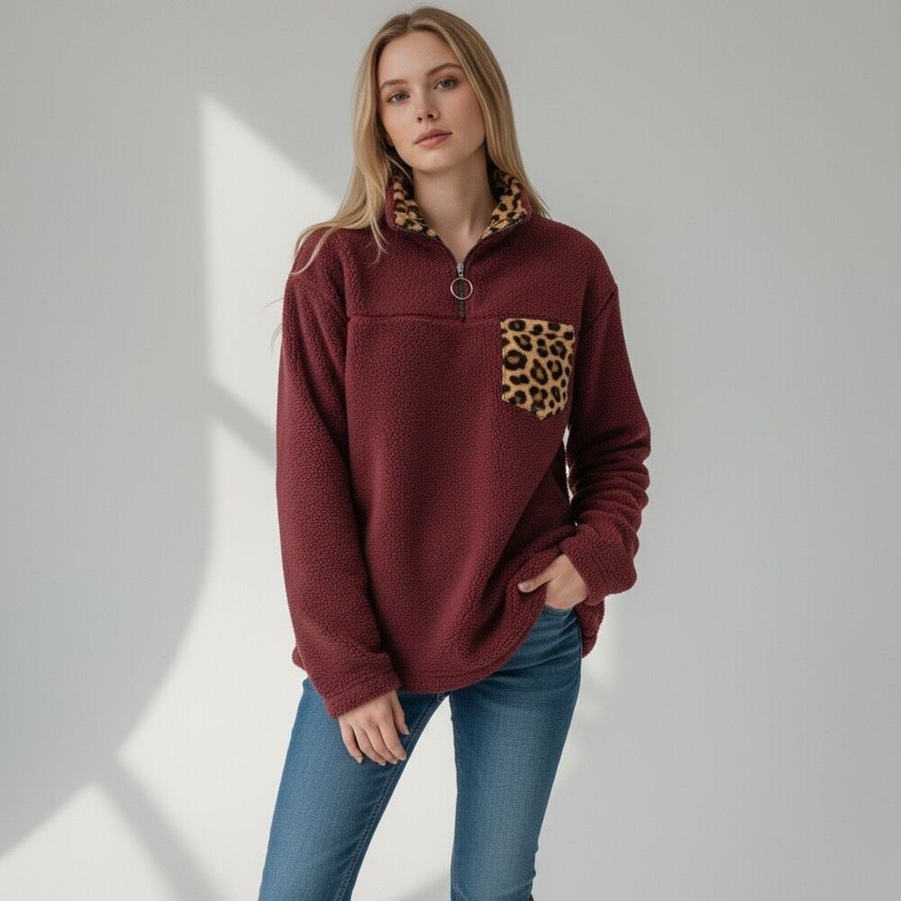 Loveu.dear Solid Red Burgundy Cheetah Print 3/4 Quarter ZIP Fuzzy Sweater size L